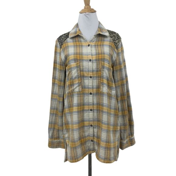 Free People Little Bit of Sugar Shirt Womens S Plaid Flannel Sequin Mesh Panel - Picture 1 of 15